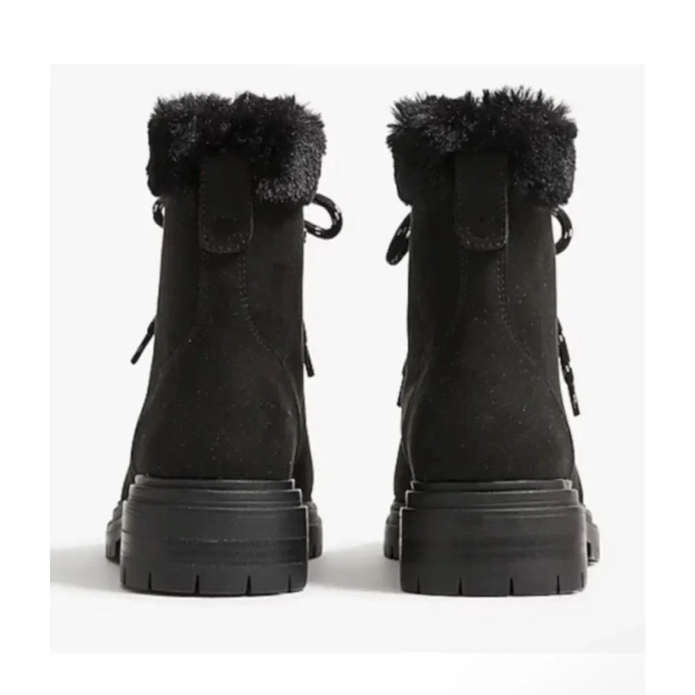 NIB J. Crew 10.5 Black Faux Suede & Fur Lined Winter Hiking Boots Red Laces $198